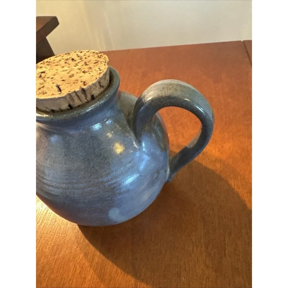 VTG small Studio Pottery jug with cork stopper semi-matte blue Stamped B‎
